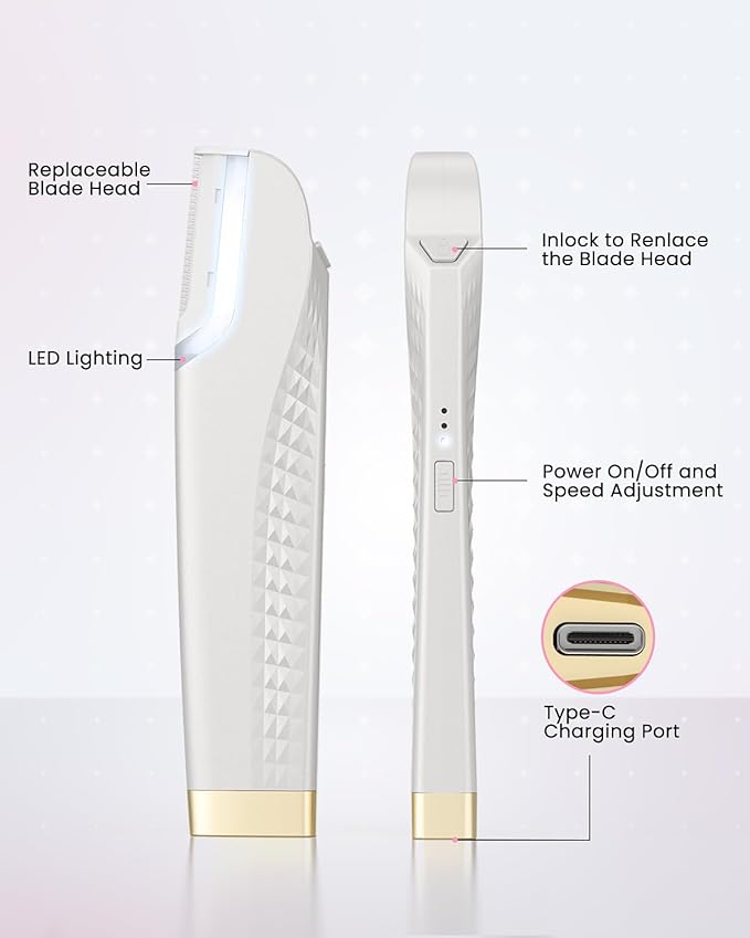 Dermaplane Razor For Women Face, 3 Adjustable Dermaplaning Tool, Facial Hair Removal Razors with Led Light for Peach Fuzz,Rechargeable Sonicsmooth Facial Hair Remover with 8 Replacement Blades (White)