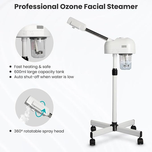 TASALON Professional Facial Steamer, Hot Mist Spray, Vaporizador Facial Steamer for Esthetician, Height Adjustable, SPA at Home, White