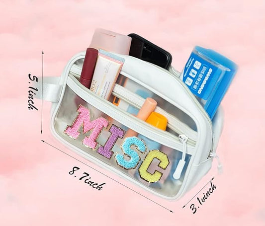 COSHAYSOO Clear MISC Makeup Bag Miscellaneous Stuff Organizer, Small Preppy Chenille Letter Patch Cosmetic Zipper Pouch, Toiletry Make Up Travel Purse Gifts for Teen Girls Women Daughter Sister