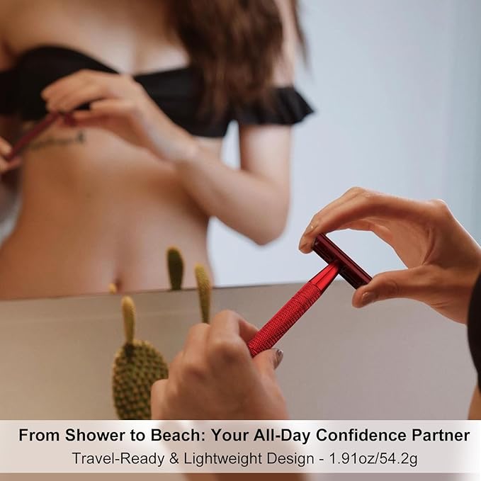 Safety Razor for Women and Men, Single Blade Razors, Reusable Metal Womens Razors for Shaving, with 10 Stainless Steel Double Edge Blades, Smooth and Close Shave, Plastic Free, Red