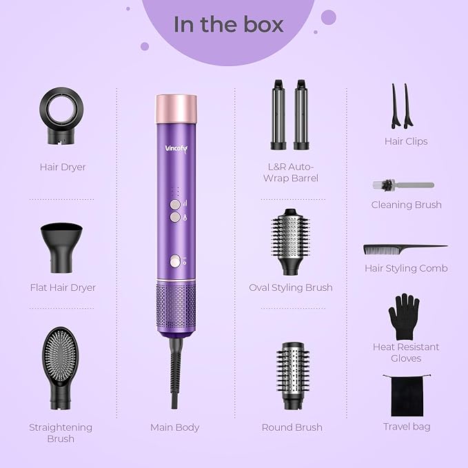 7 in 1 Blow Dryer Brush Set – Hot Air Styler for Fast Drying, Curling, Straightening & Volumizing – Ionic Hair Dryer Brush with 1200W Power – No Heat Damage for All Hair Types – Lilac
