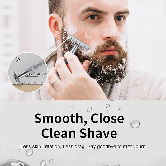 Double Edge Safety Razor with Stand, Single Blade Razors for Men and Women, Reusable Metal De Razor, Men's Safety Shaving Razors with 10 Double Edge Blades, Smooth and Close Shave, Matte Silver