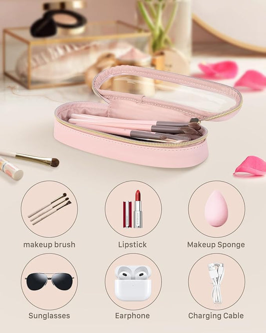 Clear Travel Makeup Brush Holder, Leather Makeup Brush Toiletry Bag, Portable Cosmetic Brush Case, Transparent Waterproof Makeup Brush Storage Bag, Pink, Large
