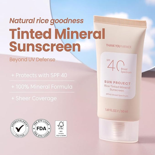 THANKYOU FARMER Sun Project Rice Tinted Mineral Sunscreen SPF40 Broad Spectrum - Korean Face Sunscreen with Zinc Oxide - Tinted SPF with No White Cast, Dermatologist-Tested - 1.69 fl oz