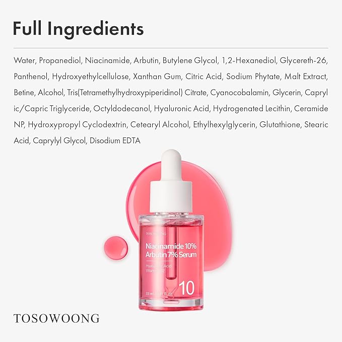TOSOWOONG Niacinamide 10% Arbutin 7% Serum, Hyperpigmentation, Dark Spot Remover, Discoloration Correcting for Uneven Skin Tone, Glass Skin, All Skin Types, Korean Skincare, 33ml / 1.11 fl. oz.