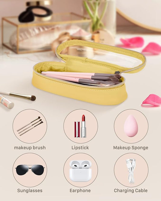 Clear Travel Makeup Brush Holder, Leather Makeup Brush Toiletry Bag, Portable Cosmetic Brush Case, Transparent Waterproof Makeup Brush Storage Bag, Yellow