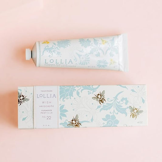 LOLLIA Wish Handcreme, 4 oz, Sugar Cane, Vanilla Bean, & Jasmine Scented Hand Cream for Women, Moisturizing Lotion for Dry Hands, Quick Absorbing Shea Butter & Cocoa Butter, Luxury Purse Essentials