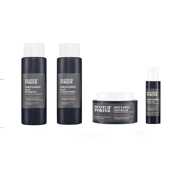 Scotch Porter Men's Ultimate Hair Care Collection for Curls & Waves– Includes Shampoo, Conditioner, Balm & Hair Oil – Crisp Citrus & Woods Scent