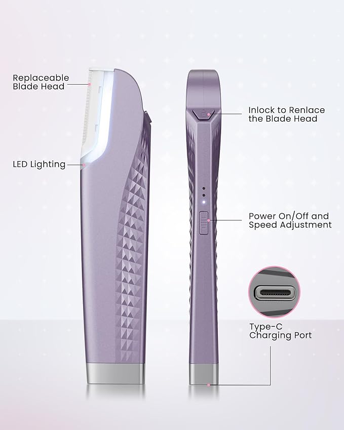 Dermaplane Razor For Women Face, 3 Adjustable Dermaplaning Tool,Facial Hair Removal Razors with Led Light for Peach Fuzz,Rechargeable Sonicsmooth Facial Hair Remover with 8 Replacement Blades (Purple)