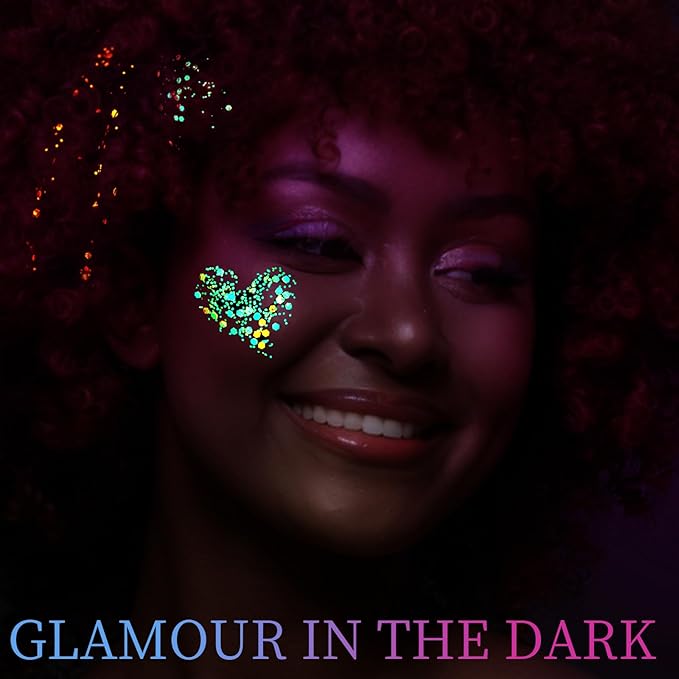 FANDAMEI Glow in The Dark Glitter, 2 Glitter Gel Palette 18 Grids Face Body Hair Glitter for Glow in The Dark Glitter Makeup, Face Glitter for Kids Women for Halloween Rave Concert Face Paint