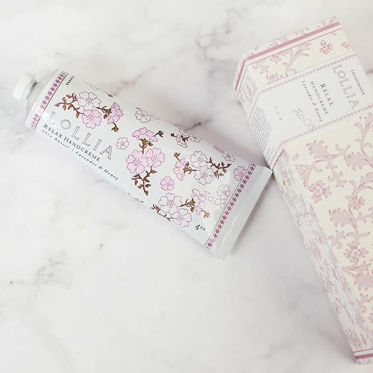 LOLLIA Relax Handcreme, 4 oz, Sugar Cane, Vanilla Bean, & Jasmine, Scented Hand Cream for Women, Moisturizing Lotion for Dry Hands, Quick Absorbing Shea Butter & Cocoa Butter, Luxury Purse Essentials