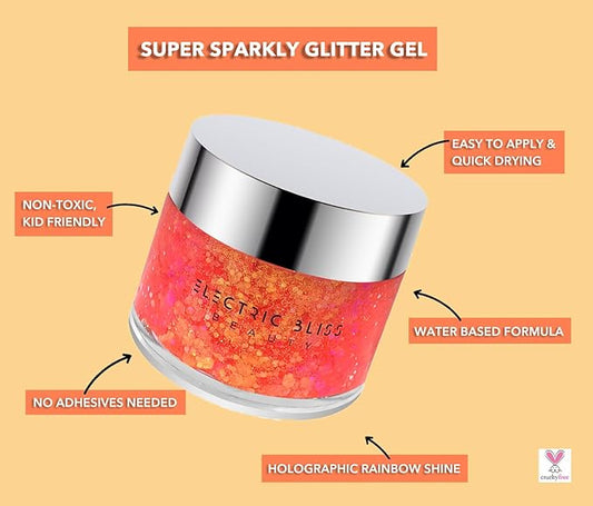 Neon Orange - Holographic Body Glitter Gel for Body, Face, Hair - Vegan & Cruelty Free - Electric Bliss Beauty (Neon Orange)
