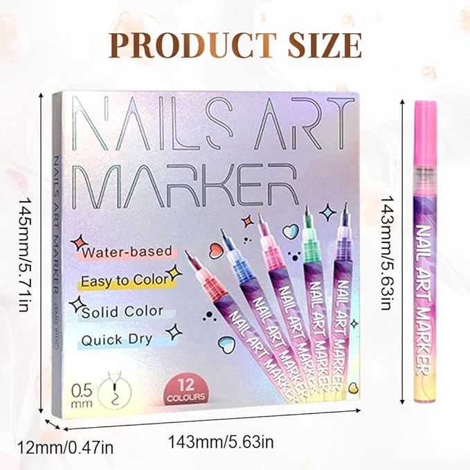 Nail Art Pens Set 12 Colors Nail Art Markers for Gel Nails,2025 Quickly Dry Nail Polish Pens Drawing Painting Pen,Nail Art Nail DIY Decoration for Home Salon (12 Color)