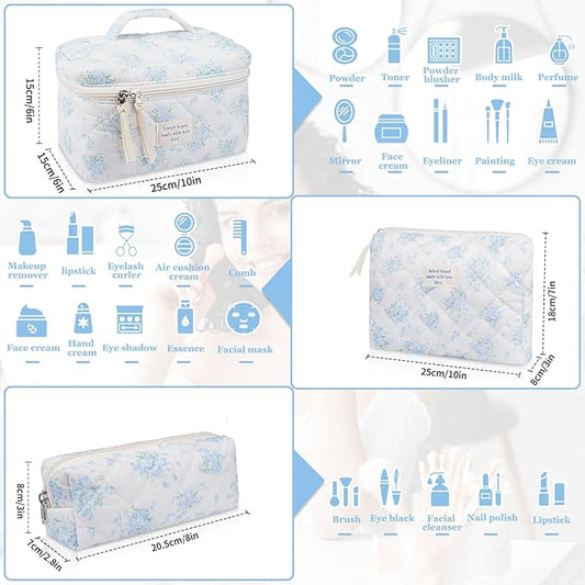 Makeup Bag Set, Quilted Makeup Bag, Large Floral Cosmetic Bag for Women, Cute Cotton Makeup Bags, Flower Travel Toiletry Organizer Bag (Blue Rose)