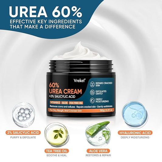 Urea Cream 60% Plus Salicylic Acid 2%, Urea Cream 60 Percent for Feet Maximum Strength, Foot Cream for Dry Heels Cracked