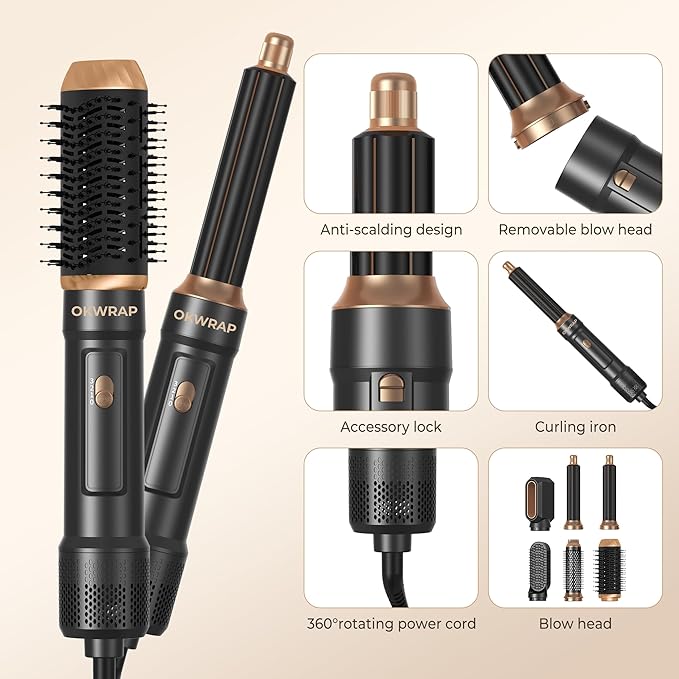 6 in ONE Blow Dryer Brush,Air Curling Iron Round Brush Blow Dryer 800W,Ionic Hair Dryer Brush for Women, Hot Air Brush Hair Styling Tools 100-120V