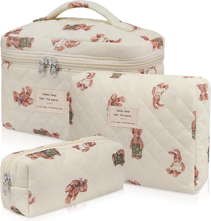3pc Makeup Bag Set, Quilted Makeup Bag Set, Large Floral Cosmetic Bag for Women, Cute Cotton Makeup Bags, Flower Travel Toiletry Organizer Bag (White Bear)