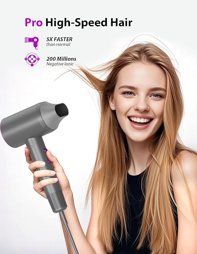 Hair Dryer, 3 Min Fast Drying-110000 RPM Professional High Speed Blow Dryer 200 Millions Negative Ionic Care Hair Dryer, Low Noise Thermo-Control Hairdryer, Travel with Nozzle (Gray&Purple)