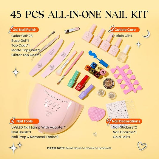 Beetles Gel Nail Polish Kit with U V Light - 25 Colors Gel Polish Set Fall Nail Fest Fragments of Time 45 Pcs Nails Kit with Tools DIY Salon Manicure Set Gifts for Women Girls - One Color One Bottle