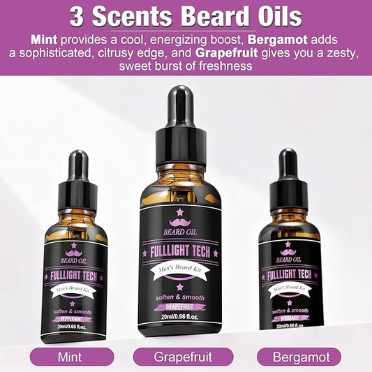 Boyfriend Birthday Gifts,Beard Care Kit Includes 3 Scented Beard Oil,Grapefruit Beard Shampoo & Balm, Brush, Comb,Scissors,Cool Men Stuff Christmas Stocking Stuffers Gifts for Men Him Dad Husband
