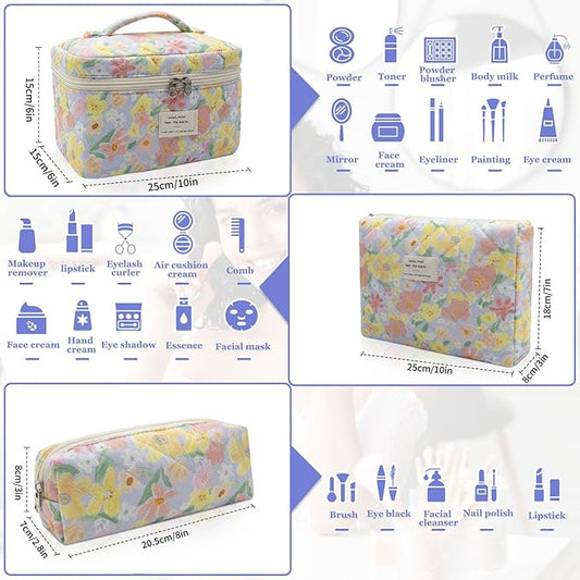 3pc Makeup Bag Set, Quilted Makeup Bag Set, Large Floral Cosmetic Bag for Women, Cute Cotton Makeup Bags, Flower Travel Toiletry Organizer Bag (Large Flower)