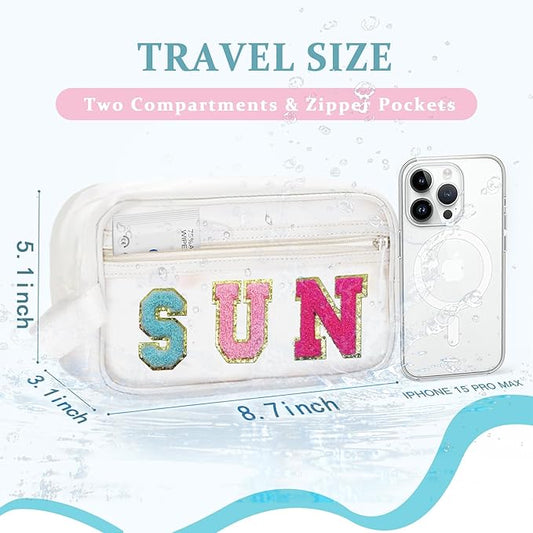 COSHAYSOO Clear SUN Makeup Bag Sunscreen SPF Pouch Beach Pool Lake Spa Travel Cosmetic Toiletry Stuff Organizer for Women Teenage Girls Mothers Day Nurse Appreciation Graduation Preppy Gifts