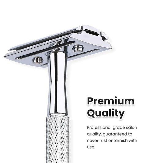 Double Edge Safety Razor With 10 Premium Stainless Steel Reusable Single Blade Razors For Men and Women, Smooth Wet Shave Experience, Glossy Silver