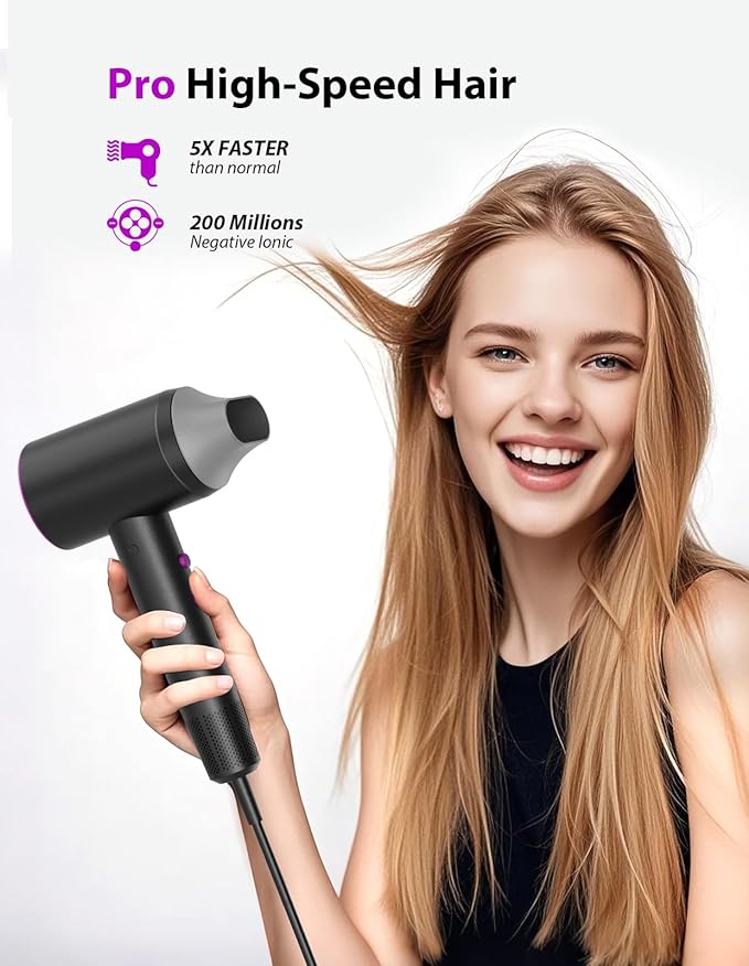 Hair Dryer, 3 Min Fast Drying-110000 RPM Professional High Speed Blow Dryer 200 Millions Negative Ionic Care Hair Dryer, Low Noise Thermo-Control Hairdryer, Travel with Secure Lock Nozzle (Black)