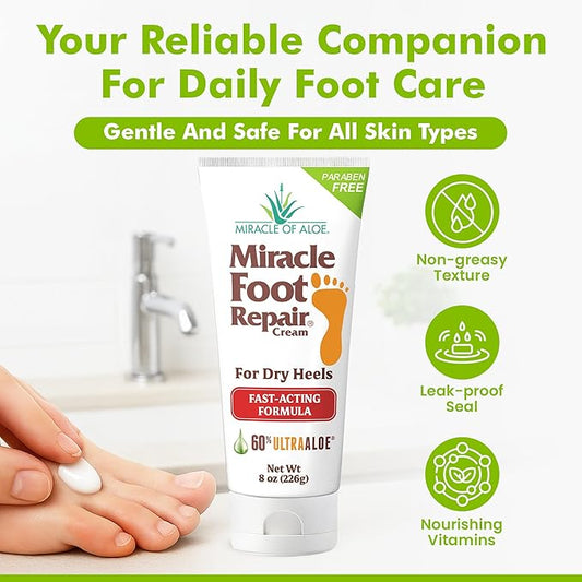 Miracle Foot Repair Cream (8 oz / 2-Pack) Repairs Dry Cracked Heels and Feet, 60% Pure UltraAloe Moisturizes, Softens, and Repairs