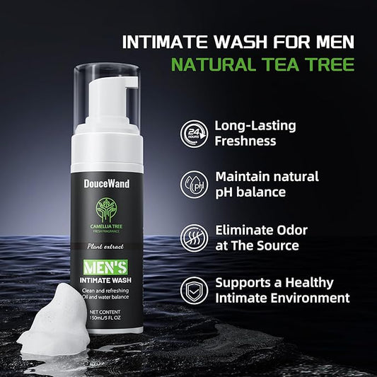 Men's Intimate Wash - Foaming Groin Cleanser for Daily Hygiene & Odor Control - Enriched with Tea Tree Oil, Aloe & Camellia Extract - pH Balanced, Refreshing Body Wash for Athletes - 5 Fl Oz