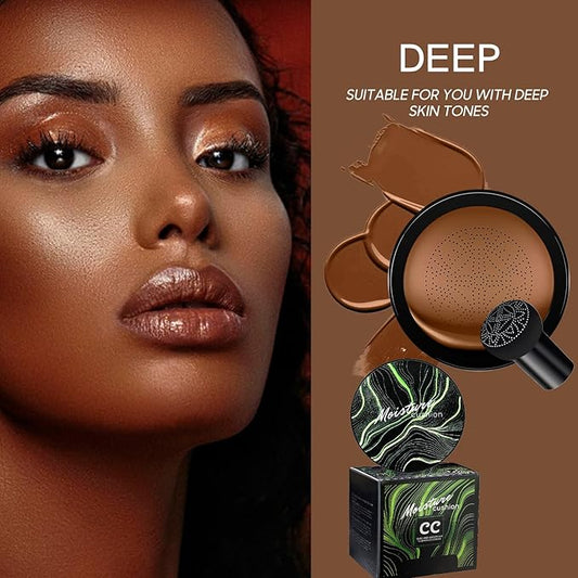 Mushroom Head Air Cushion CC Cream - BB Cream Foundation Makeup Moisturizing Concealer Long-Lasting, Cushion Foundation Full Coverage Self Adjusting for Mature Skin & All Skin Types (Dark Brown)