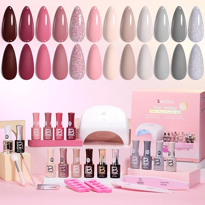 Beetles Stay Shining 23 Pcs Gel Nail Polish Kit with UV Light,, 12 Color Nail Manicure Studio Kit Cozy Elegance and Base Gel Glossy &Matte Top Coat Cuticle Oil & Nails Tools, DIY Salon-Quality at Home