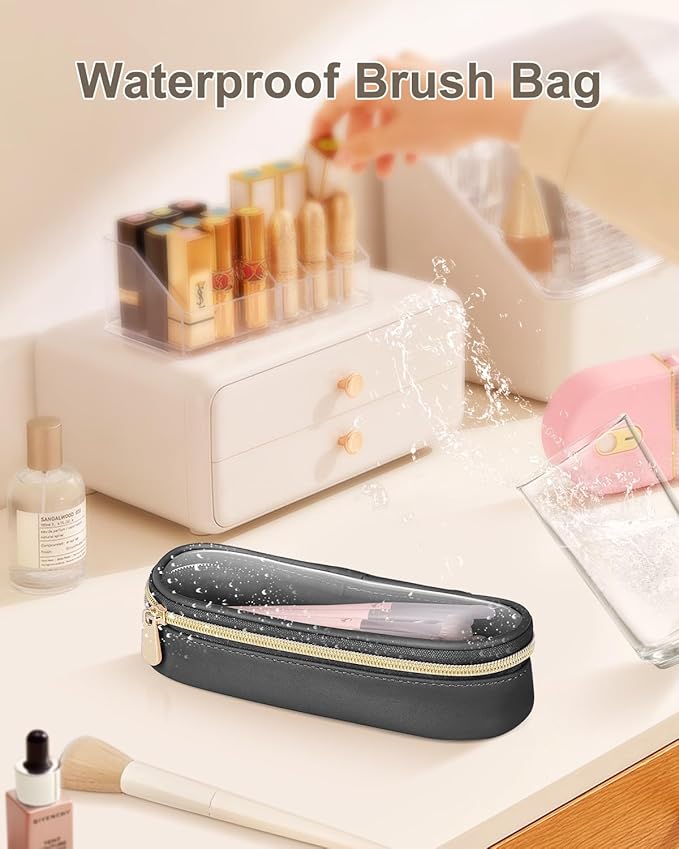 Clear Travel Makeup Brush Holder, Leather Makeup Brush Toiletry Bag, Portable Cosmetic Brush Case, Transparent Waterproof Makeup Brush Storage Bag, Black