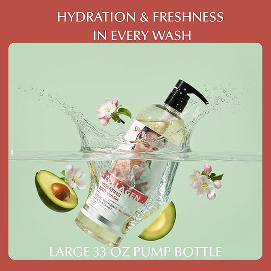 SpaScriptions Collagen Body Wash - Hydrating Gentle Cleansing Shower Gel with Anti-Aging CoQ10 and Moisturizing Avocado for Smooth Radiant Glowing Skin, Fresh Orchard Scent, Paraben Free, 33 fl oz