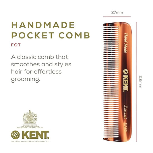 Kent FOT Tortoise Fine Tooth Comb for Men - Handmade Pocket Comb for Travel, Styling, Fine or Thinning Hair, Mustache and Beard Care Handpolished Saw-Cut Made in England