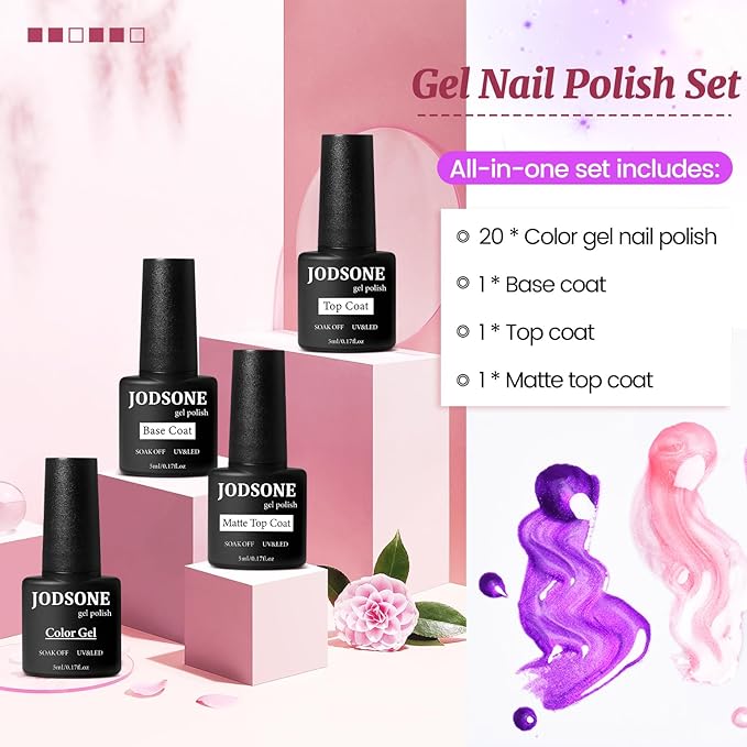 JODSONE 20 Glitter Color Gel Nail Polish Kit 3 Bottles of No Wipe Base Coat Glossy and Matte Top Coat Gel Polish Set High Shine Gorgeous