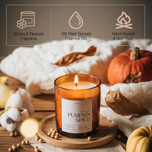 Pumpkin Spice Candles for Home Scented, Luxury & Strong Fragranced Pumpkin Soy Wax Aromatherapy Candle with Long Lasting Burn, Orange Fall Candle Gifts for Halloween, Autumn, Christmas 9oz
