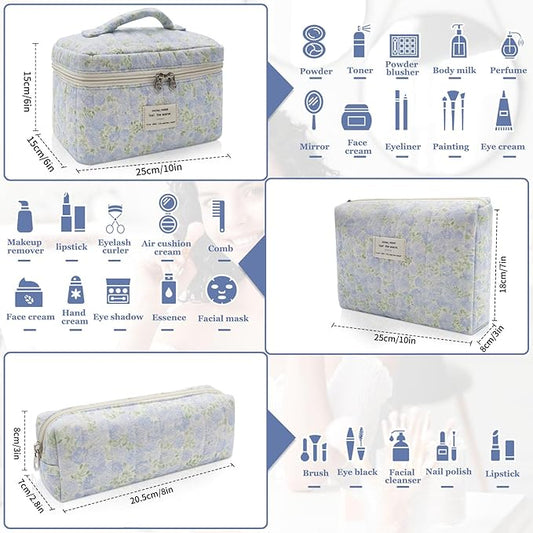3pc Makeup Bag Set, Quilted Makeup Bag Set, Large Floral Cosmetic Bag for Women, Cute Cotton Makeup Bags, Flower Travel Toiletry Organizer Bag (Green Leaves Blue Flowers)