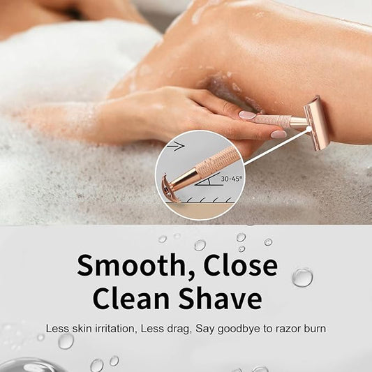Double Edge Safety Razor with Stand, Single Blade Razors for Women, Reusable Metal Razor, with 10 Stainless Steel Double Edge Blades, Smooth and Close Shave, Plastic Free, Matte Rose Gold