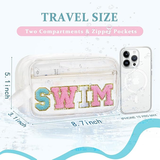 COSHAYSOO Clear SWIM Makeup Bag with Preppy Letter Patch Beach Pool Travel Essential Gifts for Women Swimmer Swimming Team Teenager Girls Cute Toiletry Zipper Pouch Cosmetic Purse Organizer