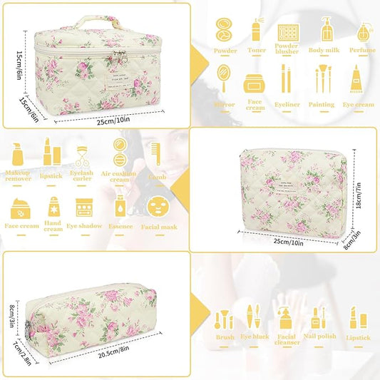 Makeup Bag Set, Quilted Makeup Bag, Large Floral Cosmetic Bag for Women, Cute Cotton Makeup Bags, Flower Travel Toiletry Organizer Bag (Pink Floer)