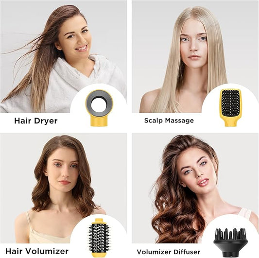 IG INGLAM Hair Dryer Brush, 4-in-1 Detachable Blow Dryer Brush, Ionic Diffuser Hair Dryer & Styler Volumizer with Oval Titanium Barrel, One-Step Hot Air Blowout Styler, Yellow