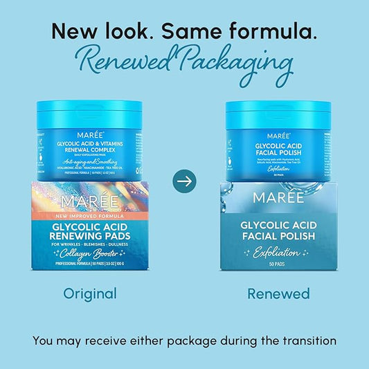 MAREE Glycolic Acid Pads - Toner Pads for Face Cleansing - Exfoliating Pad with Tea Tree Oil, Salicylic Acid & Vitamins E, B3, B5 - Acne Clearing, Skin Pore Resurfacing & Radiance Device - 50 Count