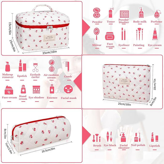 3pc Makeup Bag Set, Quilted Makeup Bag Set, Large Floral Cosmetic Bag for Women, Cute Cotton Makeup Bags, Flower Travel Toiletry Organizer Bag (Pink Cherry Flowers)