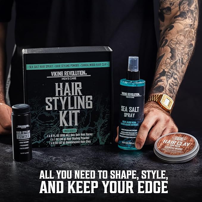 Viking Revolution Sea Salt Spray for Hair Men (8fl oz), Matte Sandalwood Hair Clay (2 oz) and Hair Styling Powder for Men (1oz) - Men Hair Styling Kit - The Ultimate Trio for Texture, Volume, and Hold