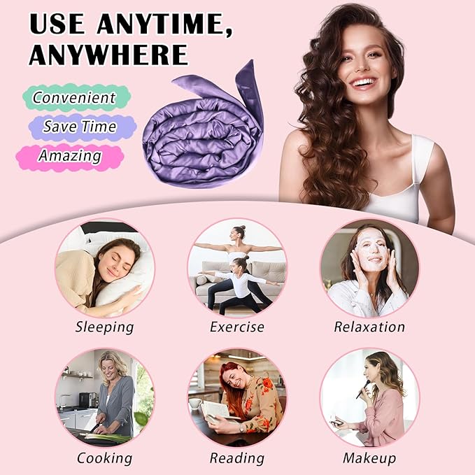 Satin Heatless Curls Overnight Hair Curlers to Sleep In Hair Curler Rollers No Heat Hair Wrap for Curls Headband, 70" Satin Heatless Curling Set for Women Long Waves Hair Volume -Purple 10 PCS