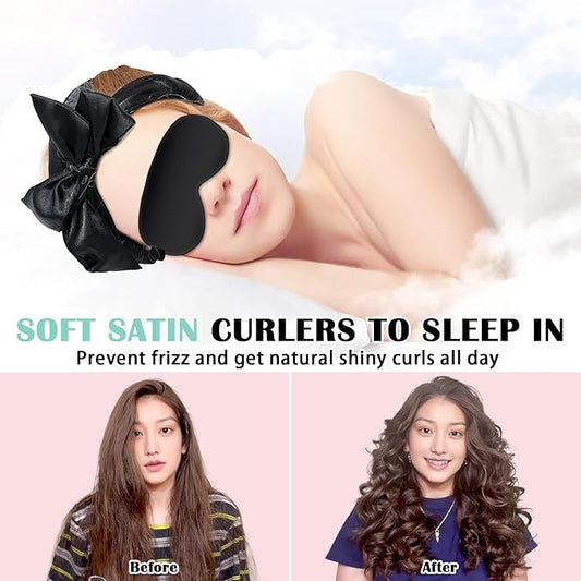 Satin Heatless Curls Overnight Hair Curlers to Sleep In Hair Curler Rollers No Heat Hair Wrap for Curls Headband, 70" Satin Heatless Curling Rod Set for Women Long Waves Hair Volume-Black 10PCS