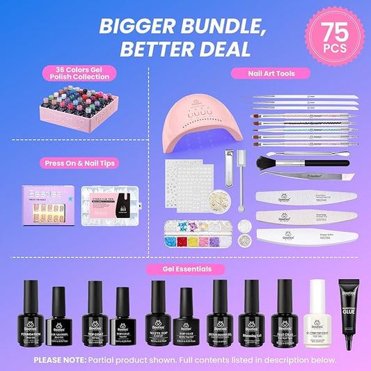 Beetles Gel Nail Polish Kit with U V Light - Gift Box Wild Gleam Collection 36 Colors Nail Polish Kit 75 Pcs for Women Girls Gel & Top Base Coat with Brushes & False Nails Tip Must Have Salon at Home