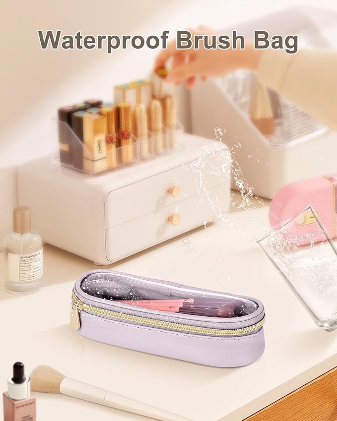 Clear Travel Makeup Brush Holder, Leather Makeup Brush Toiletry Bag, Portable Cosmetic Brush Case, Transparent Waterproof Makeup Brush Storage Bag, Purple