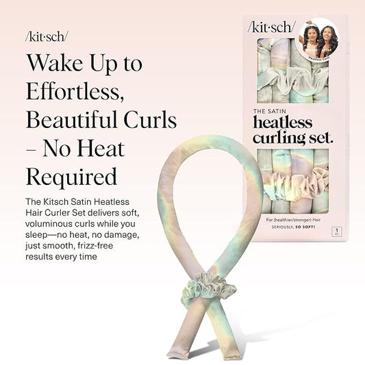 Kitsch Satin Heatless Curling Set – Heatless Curls Overnight with 34" Hair Curler & 2 Satin Scrunchies – Comfortable Hair Curlers to Sleep In for Frizz-Free, No Heat Damage Styling - Aura